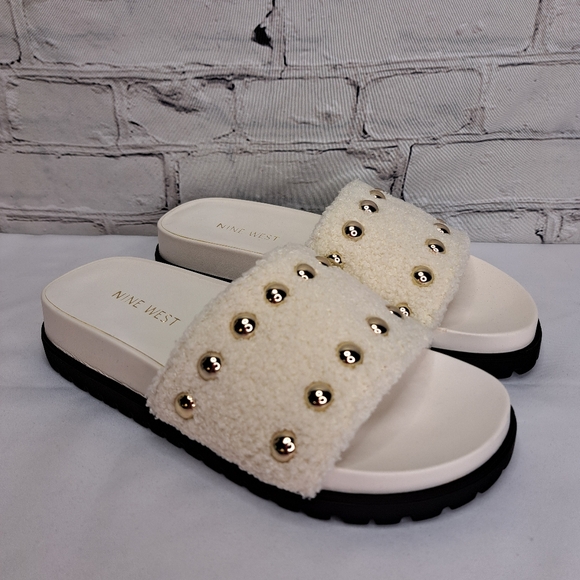 NINE WEST 'FREELY' SHEARLING & STUDDED SLIP ON SANDALS - Picture 2 of 14